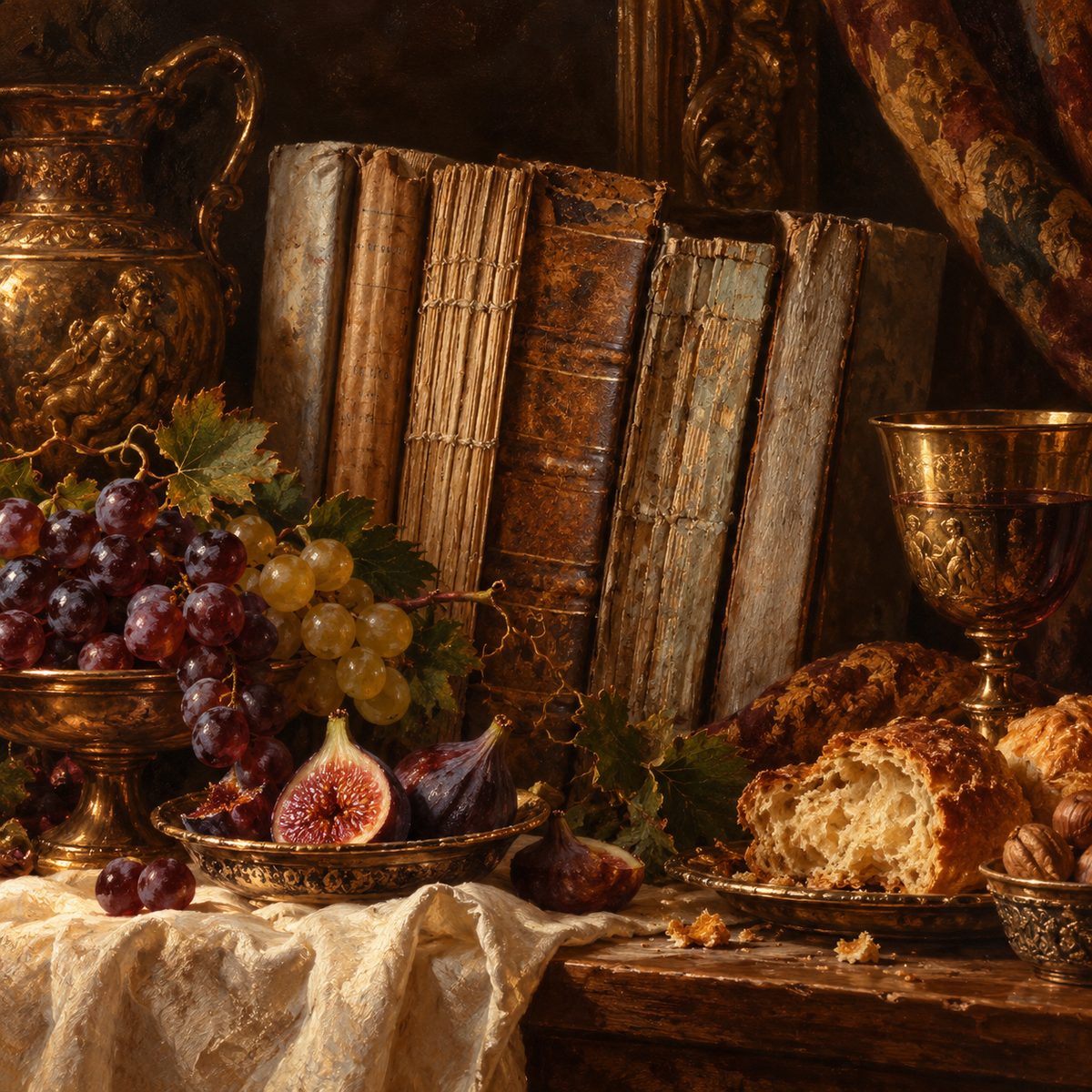 A still-life painting of old books leaning together on a table with grapes, figs, bread, walnuts and a gold goblet